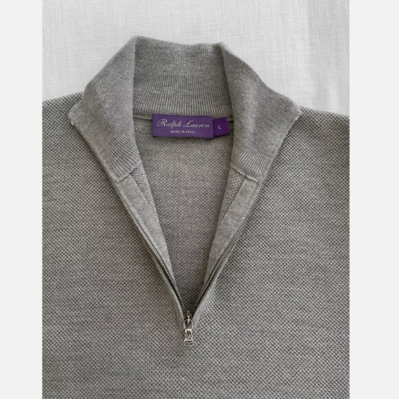 Ralph Lauren Purple Label Piqué Knit Wool Cashmere zip Sweater ITALY Large grey - Picture 8 of 10